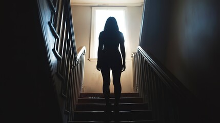 Canvas Print - Silhouette of a woman standing at the bottom of a staircase 