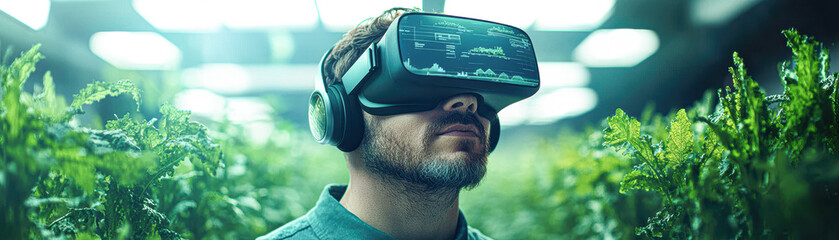 Futuristic Agriculture Man in VR Goggles Surrounded by Digital Plant Holograms and Growth Data