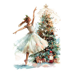 Wall Mural - A woman in a white dress is dancing in front of a Christmas tree. The tree is decorated with many ornaments, including a star. The scene is festive and joyful