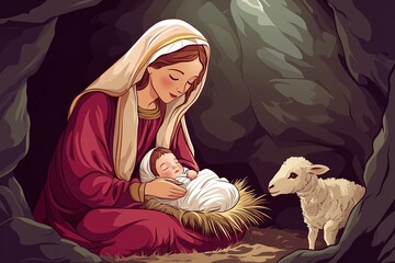 Virgin Mary holding baby Jesus in stable with lamb looking on in cave. The nativity scene. 