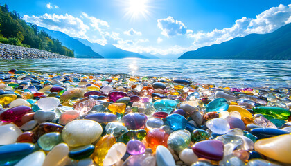 The sea is full of colorful pebbles, and the pebble beach on both sides is covered with many colored glass stones