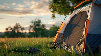 Wall Mural - Tent set up in a serene meadow at sunset with golden light illuminating the grass Natural landscape evokes peace and adventure