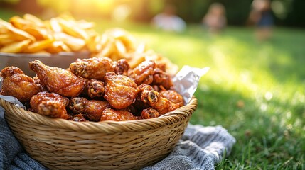 Poster - A family enjoying a picnic in the backyard, with fried chicken as the centerpiece of their outdoor meal. They are sitting on a blanket and sharing food in a relaxed and joyful setting. Large space