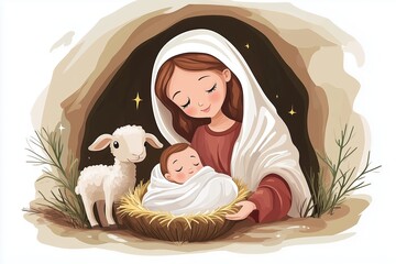 Virgin Mary holding baby Jesus in stable with lamb looking on in cave. The nativity scene. 