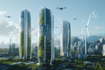 Futuristic cityscape with tall skyscrapers, green vegetation, and flying drones