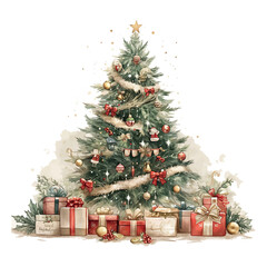 Canvas Print - A Christmas tree with many ornaments and a star on top. The tree is surrounded by boxes and presents, giving the impression of a festive and joyful holiday season