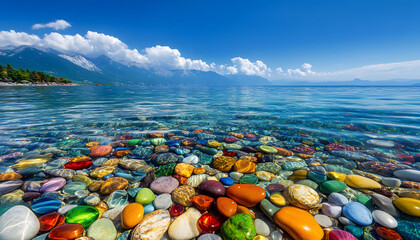 The sea is full of colorful pebbles, and the pebble beach on both sides is covered with many colored glass stones