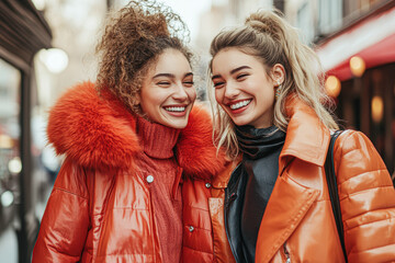 Wall Mural - Two women are smiling and wearing orange coats