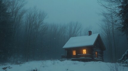 Canvas Print - Cozy Cabin in a Snowy Forest