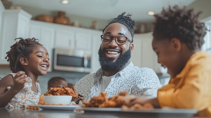 Aufkleber - A family gathered around the kitchen island for a casual lunch, with fried chicken as the main dish. The family members are talking and laughing, creating a lively and heartwarming atmosphere. Large