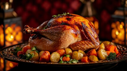 Close up of a juicy roasted turkey, surrounded by carrots and potatoes, with a deep burgundy background featuring glowing lanterns