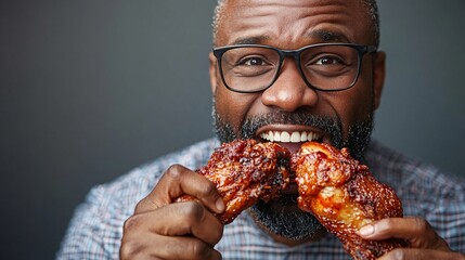 Aufkleber - A middle-aged man excitedly holding a fried chicken drumstick, poised to take a big bite. His expression shows anticipation and satisfaction. The clean studio background makes the food and his joy