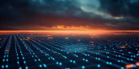 Poster - This captivating digital background showcases a vibrant tech landscape filled with glowing data points, all set under a dramatic sunset, making it an ideal choice for themes related to AI and data