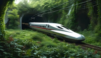 Wall Mural - Futuristic train gliding through a lush, overgrown tunnel, sleek design harmonizing with vibrant natural surroundings