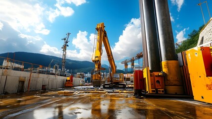 Poster - aerial perspective of a bustling industrial construction site,showcasing towering cranes,heavy machi