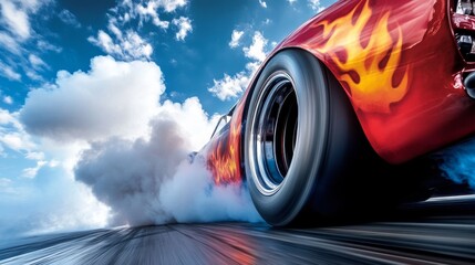 Wall Mural - The powerful dragster erupts off the starting line, rear wheels smoking as they grip the pavement, while exhaust fumes create a dynamic haze. Vivid flames accentuate the thrilling moment