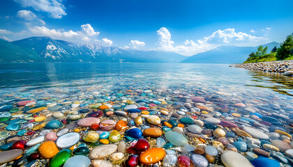 The sea is full of colorful pebbles, and the pebble beach on both sides is covered with many colored glass stones