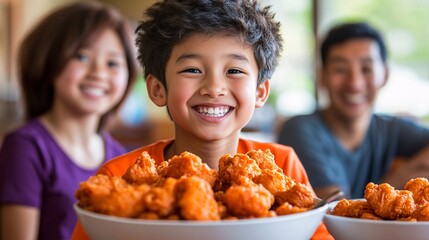 Wall Mural - A group of children and elderly individuals from both European and Asian backgrounds sitting around a table, each enjoying fried chicken with big smiles. The crispy batter flakes flying in the air