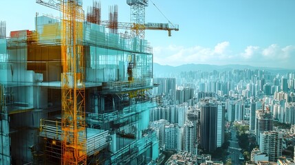 Poster - aerial view of a futuristic,modernistic city skyline with towering skyscrapers,active construction c