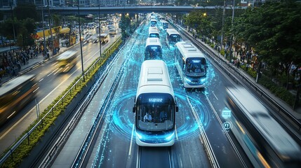 Advanced urban transport system featuring smart buses navigating busy streets with digital technology enhancements.