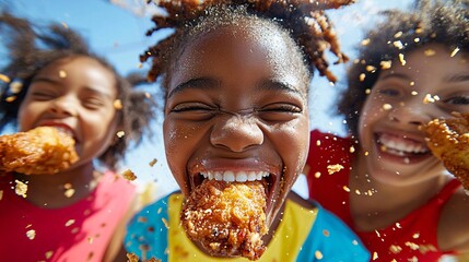 Poster - A wide-angle shot of a multicultural family enjoying fried chicken in a studio setting. The image captures the mid-bite excitement of each person, with flying crispy flakes adding movement and life