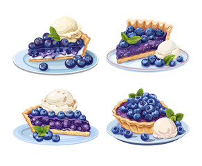 Wall Mural - Berry pie ice cream dessert cartoon vector artworks. Plate vanilla leaf garnished blueberries sweet pastry homemade whipped baked slice isolated illustrations