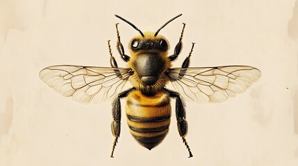 A detailed illustration of a honey bee with outstretched wings on a vintage background.