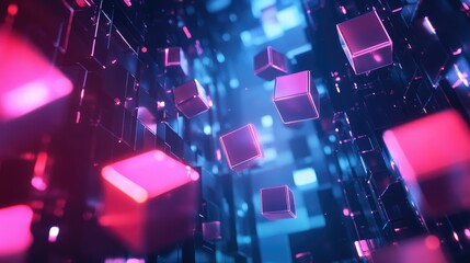 Wall Mural - Abstract floating cubes with soft neon reflections in a futuristic, digital void.