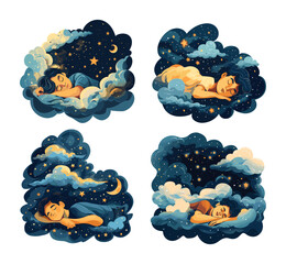 Poster - Healthy deep sleep cartoon vector concepts. Sleeping child boy clouds pillow stars good night comfort calm relaxation illustration isolated on white background