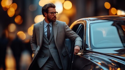 man in suit opening car door on illuminated city street at night. business lifestyle.