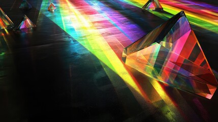 Wall Mural - Floating prisms casting rainbow reflections on a matte, black background.