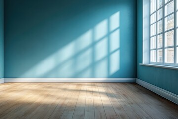 Wall Mural - Empty room with wood floor and blue wall background. 