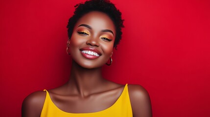 Wall Mural - Beautiful young woman with bright yellow eye shadow and a yellow top smiling against a red background.