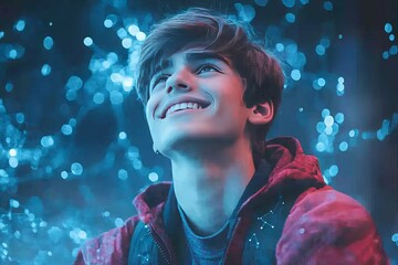 Canvas Print - Young man gazing upward in awe surrounded by glowing blue lights symbolizing wonder curiosity and the expansive potential of human thought and discovery