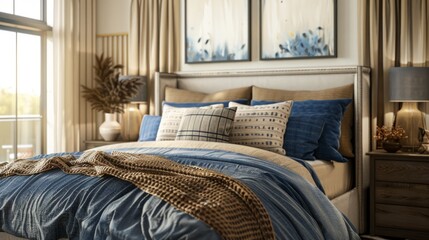 Wall Mural - Bed with blue and beige bedding. Boho, farmhouse interior design of modern bedroom