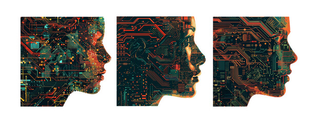 Poster - Synthetic intelligence woman head cartoon vector set. Female profile face microchip semiconductors circuit board transistors resistors microprocessors links hardware silhouette isolated artworks