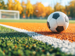 A soccer ball is sitting on the grass next to a white line