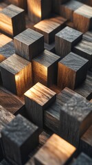 Poster - Wooden cubes with warm lighting arrangement, abstract concept