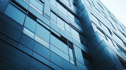 Wall Mural - Modern glass and steel office building exterior with blue tinted windows, showing the architecture and design.