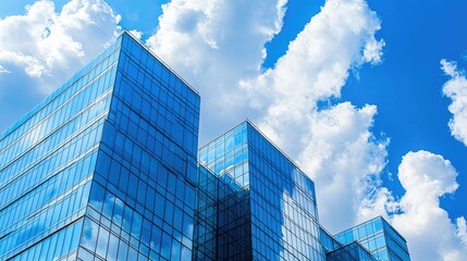 Wall Mural - Modern glass office buildings against a bright blue sky with fluffy white clouds.