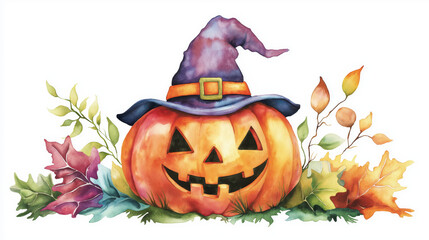 Wall Mural - A whimsical Halloween pumpkin with a witch hat, surrounded by colorful autumn leaves, perfect for festive designs and decorations.