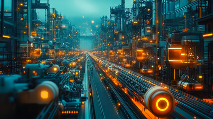 Poster - high-tech automated factory with advanced robotics and illuminated machinery, futuristic manufacturi