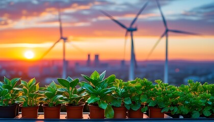 Urban sustainability highlighted by a vibrant green plant in a pot, contrasting against wind turbines and a city skyline at sunset