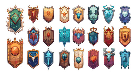 Sticker - timber shields cartoon vector collection. emblems antlers historical safeguards defence wooden armor