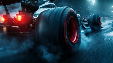 Wall Mural - The rear tire of a Formula car powers out of the pit stop, smoke swirling as it accelerates. The glowing brake discs radiate heat and intensity in this captivating moment