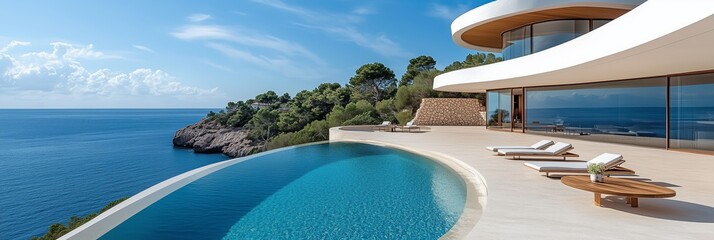 A large, white modern mansion with circular shapes and terraces overlooking the sea