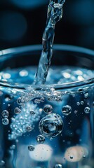 Poster - Close-up of water pouring into glass with bubbles, refreshing drink concept