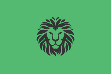 Wall Mural - A minimalistic lion head logo made from green leaves, symbolizing strength and nature. The design is clean, modern, and eco-friendly, set against a dark background.