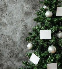 Sticker - Mockup Christmas tree with white cards hanging from it. The cards are blank and the tree is decorated with eggs and other ornaments