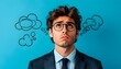 © 克 杜 - Contemplative businessman with glasses surrounded by colorful thought bubbles against a vibrant blue backdrop